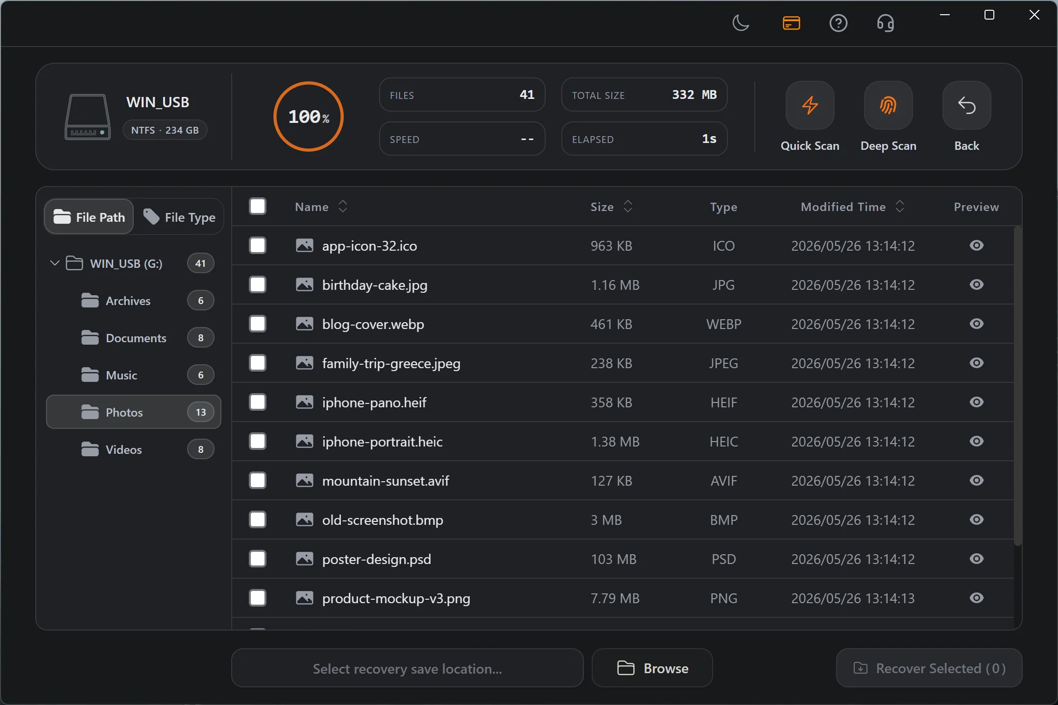 Refindo Quick Scan results on Windows showing files recoverable after Recycle Bin was emptied
